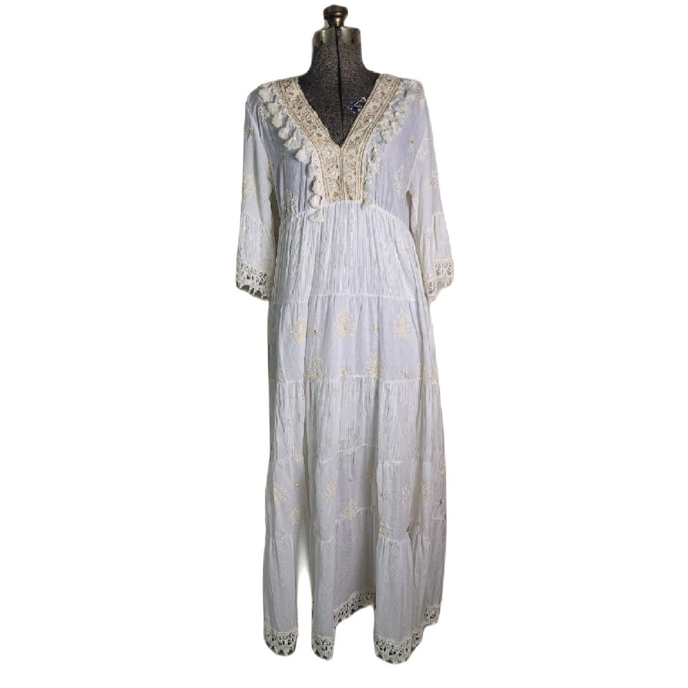 Boutique Italian Flowy Maxi‎ Dress Boho Hippy Teired Embroidery White Bridal S/M